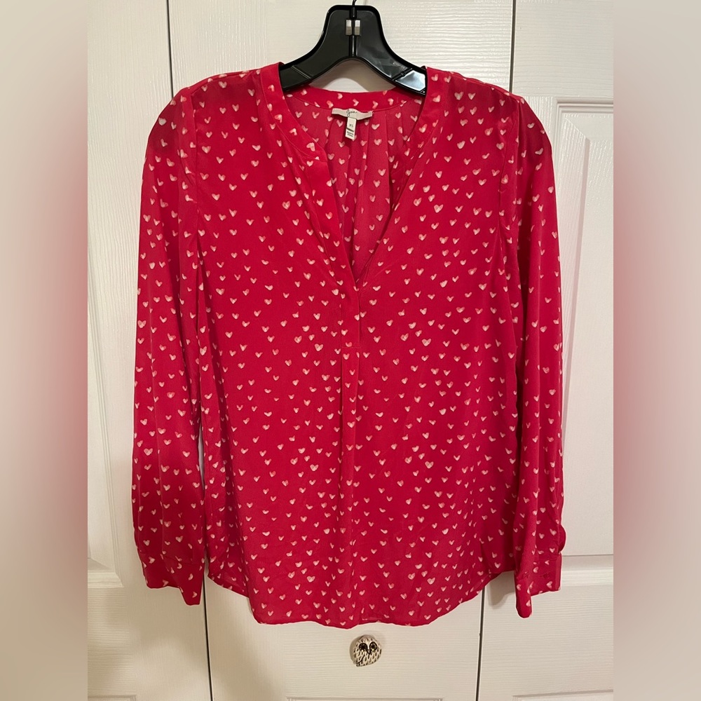 Joie silk popover shirt, pink and white hearts, xs